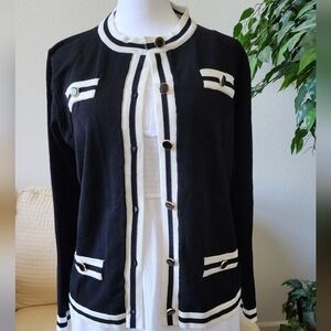 Button Down Black Knit Cardigan with 3/4 Sleeve and White Trim(size M)